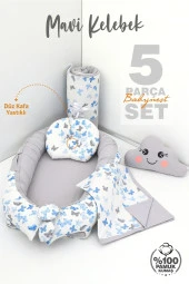 Umaybebek 5 Parça - Bebek Uyku Yatağı, Baş Yastık, Bebek Pikesi, Yorganı, Dekoratif Bulut Yastık-Mavi Kelebek - 2
