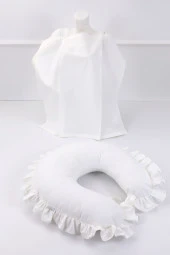 Umaybebek Emzirme Yastığı, Emzirme Önlüğü Set - Pamuklu Kumaş - Krem Fırfırlı- - 1