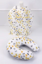 Umaybebek Emzirme Yastığı, Emzirme Önlüğü Set - Pamuklu Kumaş - Sarı Gri Kelebek- - 1