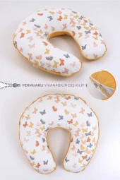 Umaybebek Emzirme Yastığı Minderi, Pamuk Kumaş - Hardal Kelebek- - 1