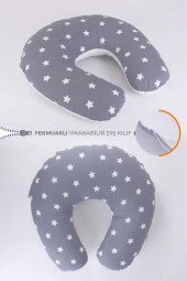 Umaybebek Emzirme Yastığı Minderi, Pamuk Kumaş - Dolgulu Yastık 60x60 Cm-Koyu Gri Beyaz - 1