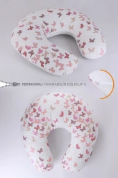 Umaybebek Emzirme Yastığı Minderi, Pamuk Kumaş - Dolgulu Yastık 60x60 Cm-Pudra Kelebek Dokulu - 1