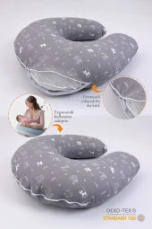 Umaybebek Emzirme Yastığı Minderi, Pamuk Kumaş - Dolgulu Yastık 60x60 Cm-Gri Kedi - 2