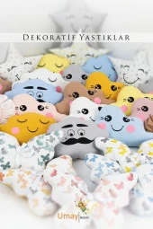 Umaybebek Bebek Çocuk Odası Dekoratif Yastık, Yıldız Yastık, Bulut Yastık, Dekor Yastık, Uyku Arkadaşı - Gözü Kapalı Yıldız - Gri - 3