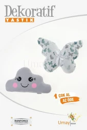 Umaybebek Bebek Çocuk Odası Dekoratif Yastık, Kelebek Yastık, Bulut Yastık, Dekor Yastık, Uyku Arkadaşı - YEŞİL/GRİ - 1