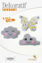 Umaybebek Bebek Çocuk Odası Dekoratif Yastık, Kelebek Yastık, Bulut Yastık, Dekor Yastık, Uyku Arkadaşı - Gri/Sarı Kelebek - 1