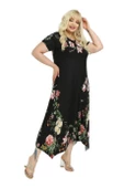 Melsay Butik Pembe Çiçekli Asimetrik Siyah Kısa Kollu Uzun Elbise - 6