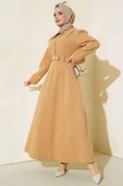 Yarım Fermuarlı Kemerli Elbise Latte thumbnail 1