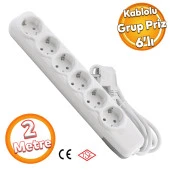 Kablolu 6'lı Topraklı Grup Priz Fiş Çoğaltıcı 2 Metre Çoklu Asmalı Uzatma Kablosu Anahtarsız thumbnail 1