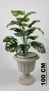 BİÇİÇEK   YAPAY ÇİÇEK SALON BİTKİSİ MONSTERA DEVE TABANI KIRIKBEYAZ RENK NERGİS SAKSIDA - 1