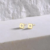 14 Ayar Altın Tek Taşlı Kare Küpe 0,91 gr - 1