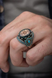Mavi Taşlı Süleyman Mührü Desenli 925 Gümüş Erkek Yüzük thumbnail 1