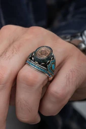 Mavi Taşlı Süleyman Mührü Desenli 925 Gümüş Erkek Yüzük thumbnail 5