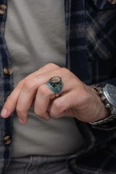 Mavi Taşlı Süleyman Mührü Desenli 925 Gümüş Erkek Yüzük thumbnail 3