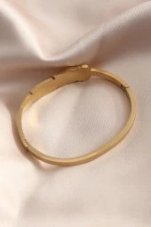 Gold Renk Yaprak Model Zirkon Taş Detay Kelepçe Kadın Bileklik thumbnail 2