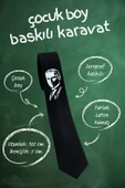 Çocuk Boy Atatürk ve İmza Baskılı Saten Siyah Kravat - CK-29 thumbnail 4