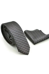 Siyah Pöti Kareli Füme Dokuma Kumaş Mendilli Slim Fit Kravat  / SDK-220703 thumbnail 2