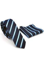 Mavi Verev Çizgili Lacivert Dokuma Kumaş Mendilli Slim Fit Kravat  / SDK-220702 thumbnail 2
