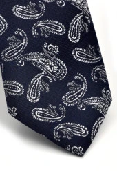 Beyaz Şal Desenli Lacivert Dokuma Kumaş Mendilli Slim Fit Kravat  / SDK-230209 thumbnail 3