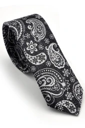 Beyaz Şal Desenli Siyah Dokuma Kumaş Mendilli Slim Fit Kravat  / SDK-230206 thumbnail 1