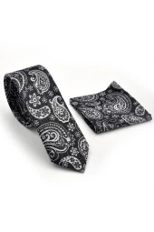Beyaz Şal Desenli Siyah Dokuma Kumaş Mendilli Slim Fit Kravat  / SDK-230206 thumbnail 2