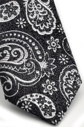Beyaz Şal Desenli Siyah Dokuma Kumaş Mendilli Slim Fit Kravat  / SDK-230206 thumbnail 3