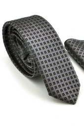 Siyah Pöti Kareli Füme Dokuma Kumaş Mendilli Slim Fit Kravat  / SDK-220703 thumbnail 1