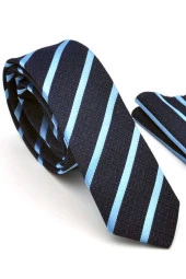Mavi Verev Çizgili Lacivert Dokuma Kumaş Mendilli Slim Fit Kravat  / SDK-220702 thumbnail 1