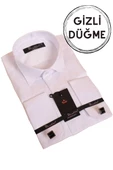Beyaz Gizli Düğmeli Damatlık Ata Yaka Kol Düğmeli Slim Fit Smokin Gömlek - 001 thumbnail 2