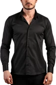 Siyah Ekstra Dar Kesim Likralı Esnek Micro Kumaş Kol Düğmeli Slim Fit Erkek Gömlek - 195-6 thumbnail 1