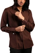 Kahverengi Dar Kesim Micro Kumaş Kol Düğmeli Slim Fit Erkek Gömlek - 201-11 thumbnail 1