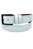Beyaz Suni Deri Çift Dikişli Damar Desenli Model 4 cm.lik Spor Kemer - 9016-11 thumbnail 2