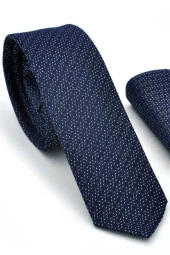 Beyaz Noktalı Verev Çizgili Lacivert Dokuma Kumaş Mendilli Slim Fit Kravat  / SDK-220713 thumbnail 1