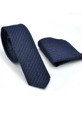 Beyaz Noktalı Verev Çizgili Lacivert Dokuma Kumaş Mendilli Slim Fit Kravat  / SDK-220713 thumbnail 2