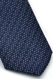 Beyaz Noktalı Verev Çizgili Lacivert Dokuma Kumaş Mendilli Slim Fit Kravat  / SDK-220713 thumbnail 3