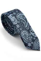 Mavi Şal Desenli Lacivert Dokuma Kumaş Mendilli Slim Fit Kravat  / SDK-230205 thumbnail 1
