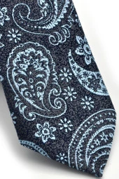 Mavi Şal Desenli Lacivert Dokuma Kumaş Mendilli Slim Fit Kravat  / SDK-230205 thumbnail 3