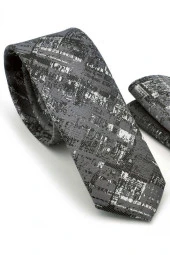 Siyah Beyaz Motif Desenli Gri Dokuma Kumaş Mendilli Slim Fit Kravat  / SDK-220711 thumbnail 1