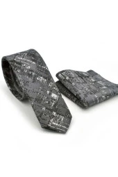 Siyah Beyaz Motif Desenli Gri Dokuma Kumaş Mendilli Slim Fit Kravat  / SDK-220711 thumbnail 2