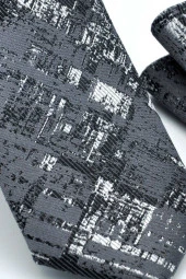 Siyah Beyaz Motif Desenli Gri Dokuma Kumaş Mendilli Slim Fit Kravat  / SDK-220711 thumbnail 3
