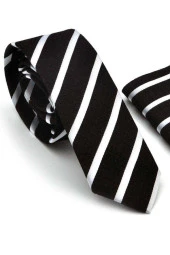 Beyaz Verev Çizgili Siyah Dokuma Kumaş Mendilli Slim Fit Kravat  / SDK-220701 thumbnail 1