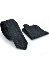 Beyaz Noktalı Verev Çizgili Siyah Dokuma Kumaş Mendilli Slim Fit Kravat  / SDK-220712 thumbnail 2