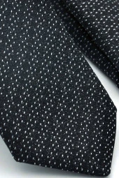 Beyaz Noktalı Verev Çizgili Siyah Dokuma Kumaş Mendilli Slim Fit Kravat  / SDK-220712 thumbnail 3