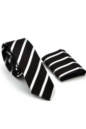 Beyaz Verev Çizgili Siyah Dokuma Kumaş Mendilli Slim Fit Kravat  / SDK-220701 thumbnail 2