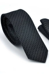 Beyaz Noktalı Verev Çizgili Siyah Dokuma Kumaş Mendilli Slim Fit Kravat  / SDK-220712 thumbnail 1
