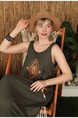 Önü Nakışlı ve Örme Detaylı Viskon Kumaşlı Kolsuz Uzun / Maxi Boy Kadın Elbise Haki Yaz / Bahar - 6