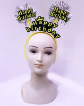 Parti Happy Birthday Püsküllü Neon Sarı Renk Doğum Günü Tacı 22x19 cm thumbnail 2