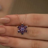 925 Ayar ​Gümüş Rose Mor Çiçek Kolye - 3