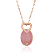 925 Ayar Gümüş Pembe Kedi Gözü Taşlı Kalp Kolye thumbnail 1