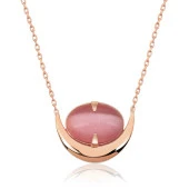 925 Ayar Gümüş Pembe Kedi Gözü Taşlı Hilal Kolye thumbnail 1